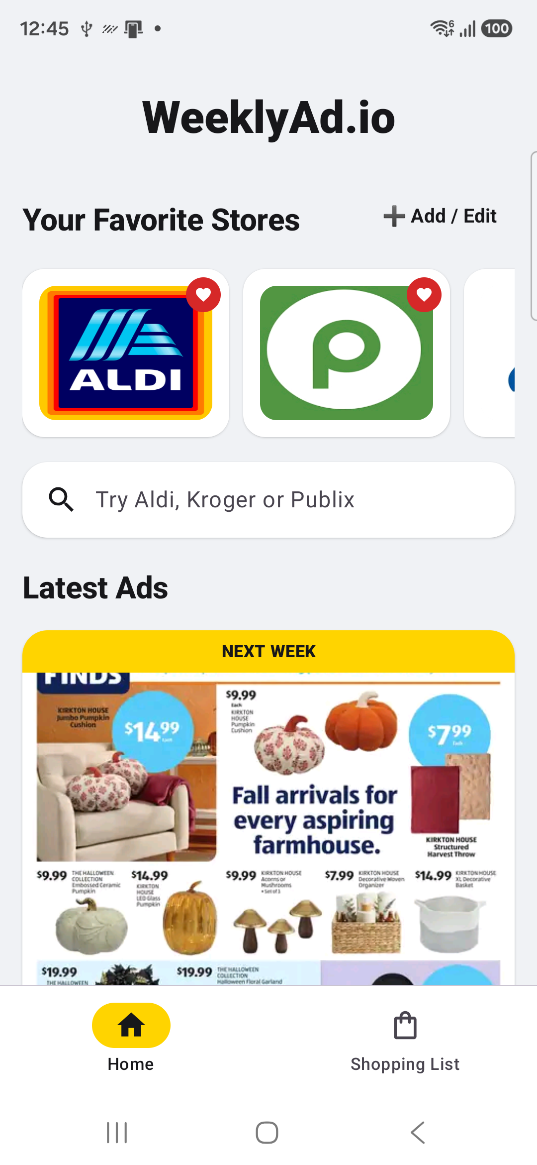 WeeklyAd.io Android App Home Screen